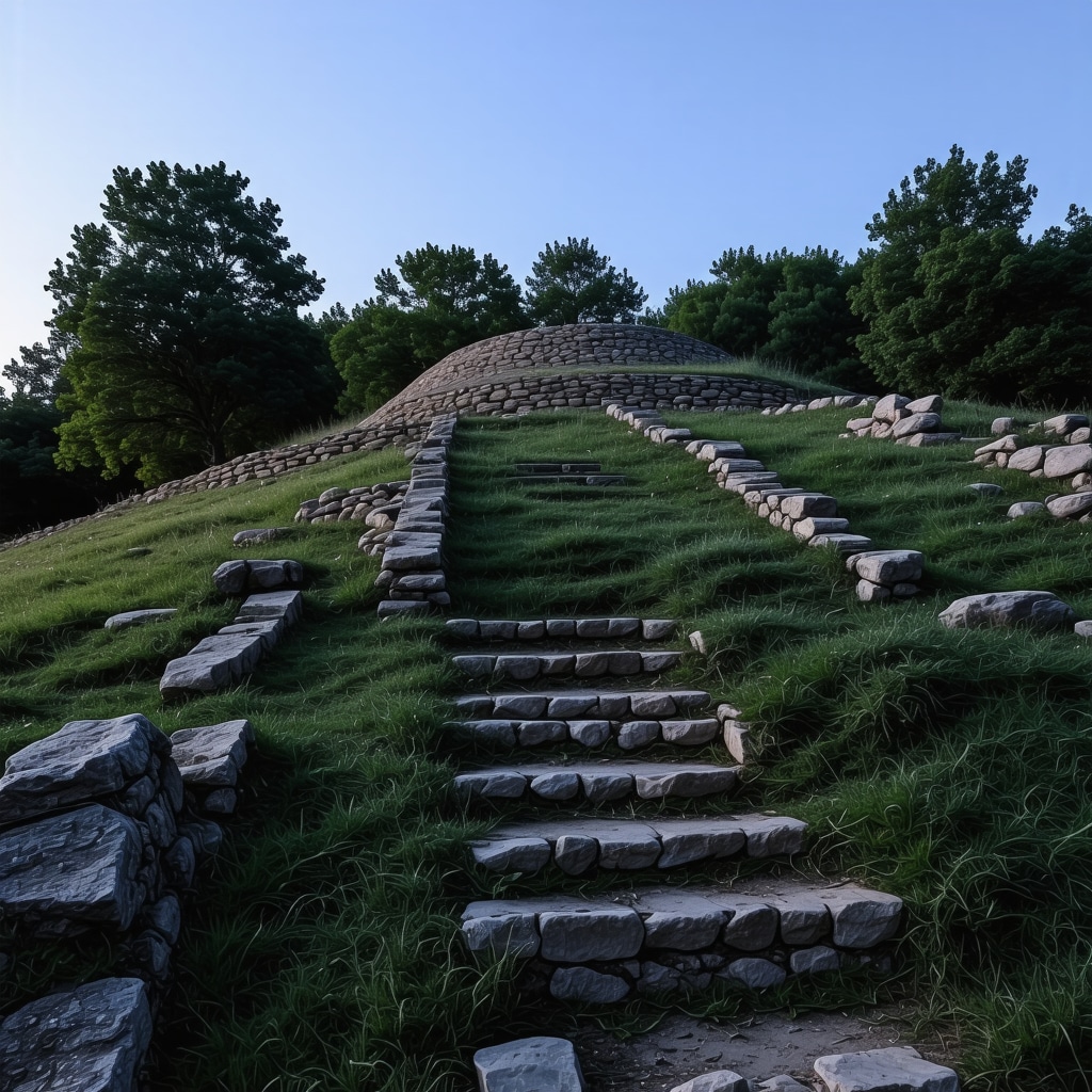 Ancient tumulus in Veliko Tarnovo with archaeological features at dusk