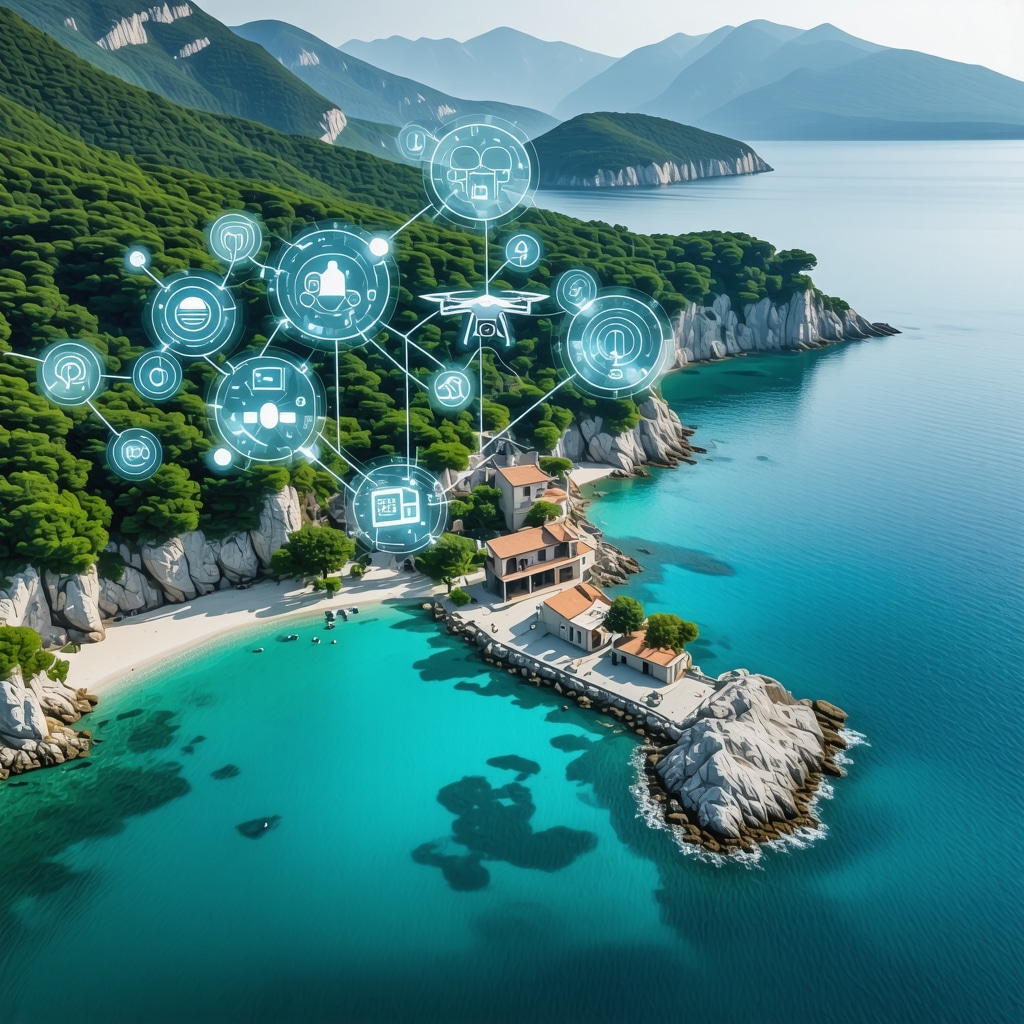 Vlorë kıyılarının ekosistemi ve arkeolojik alanları üzerinde drone ve yapay zeka simgeleri