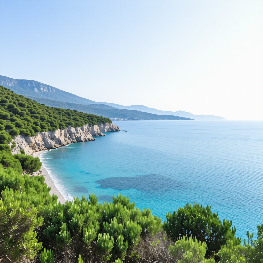 Scenic view of Vlorë's coastline with blue waters and green hills.