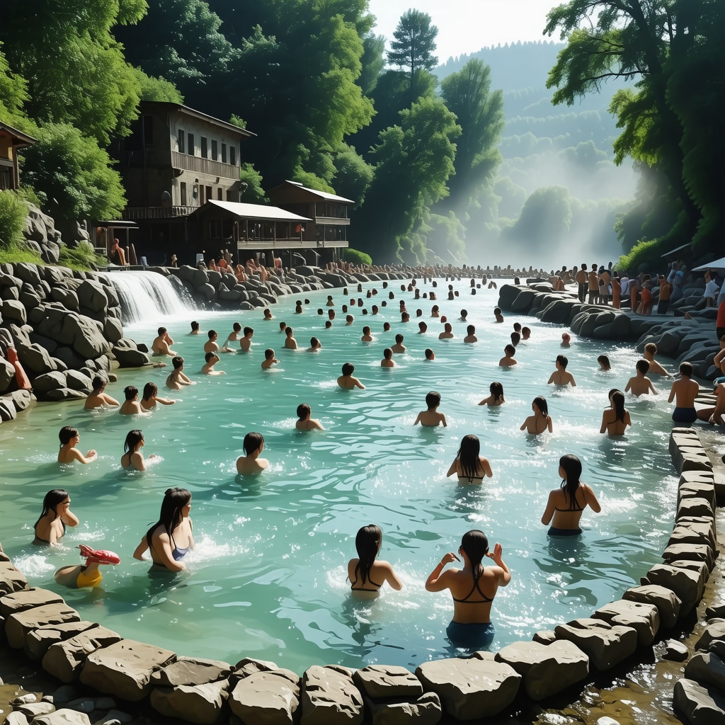 People relaxing in thermal pools amidst green nature at Vrnjačka Banja