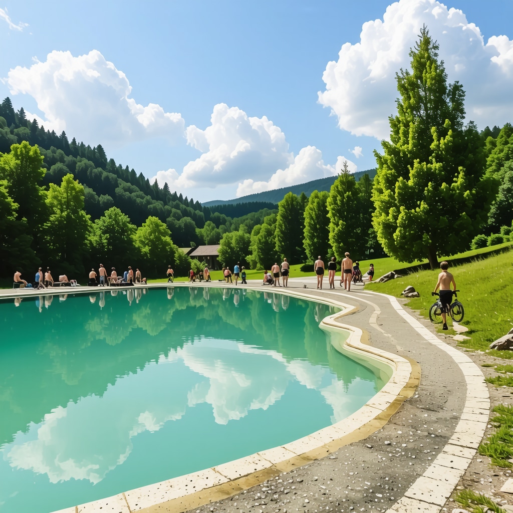 Vrnjačka Banja termal spa havuzları ve çevresinde doğa yürüyüşü yapan insanlar