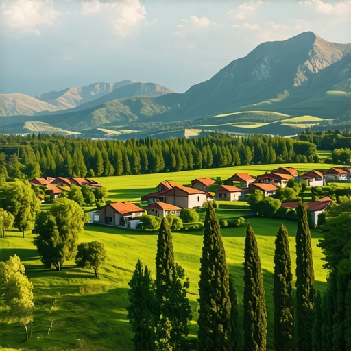 Scenic view of Albanian countryside with mountains, forests, and villages