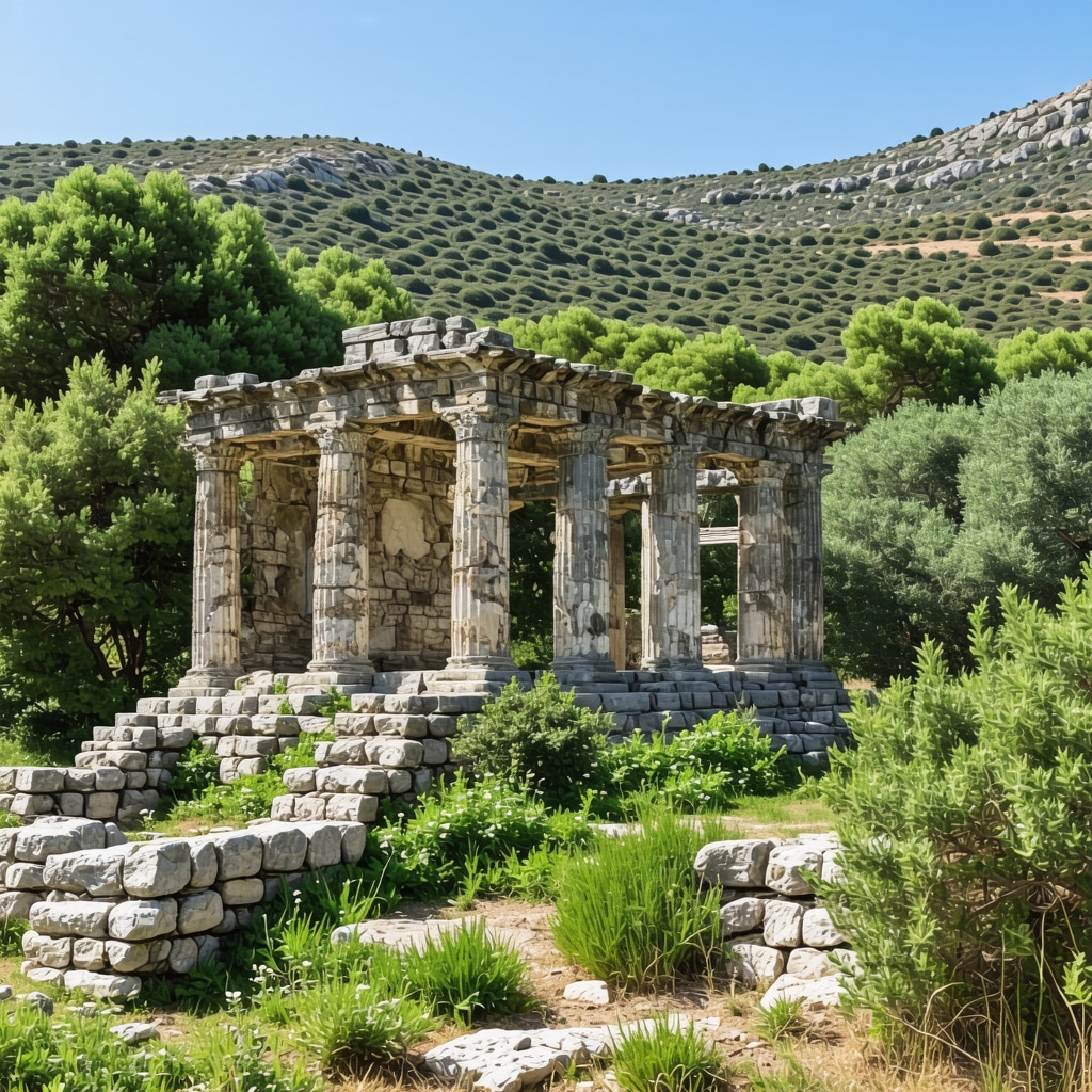 Scenic view of ancient ruins surrounded by nature in Crete