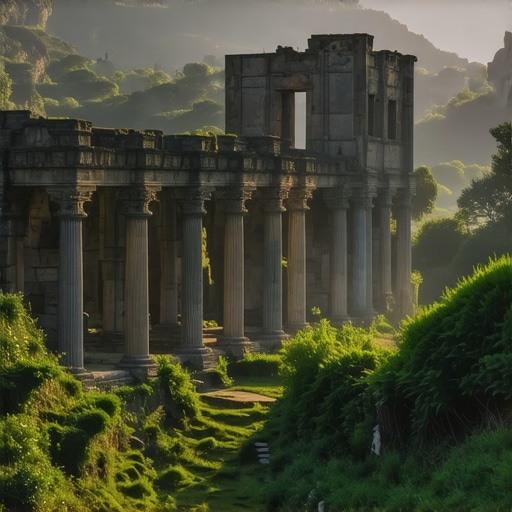 Mystical ancient ruins with natural surroundings at sunset