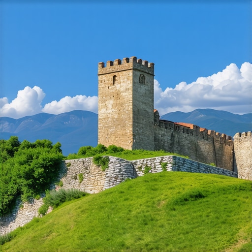 Panoramic view of Balkan mountains with historical landmarks