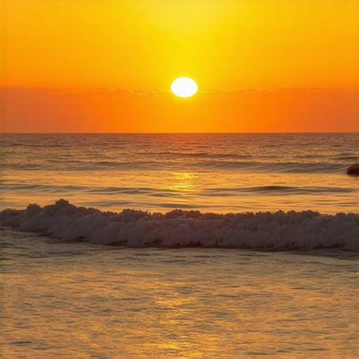 Sunset over the calm sea with vibrant colors and peaceful beach scenery