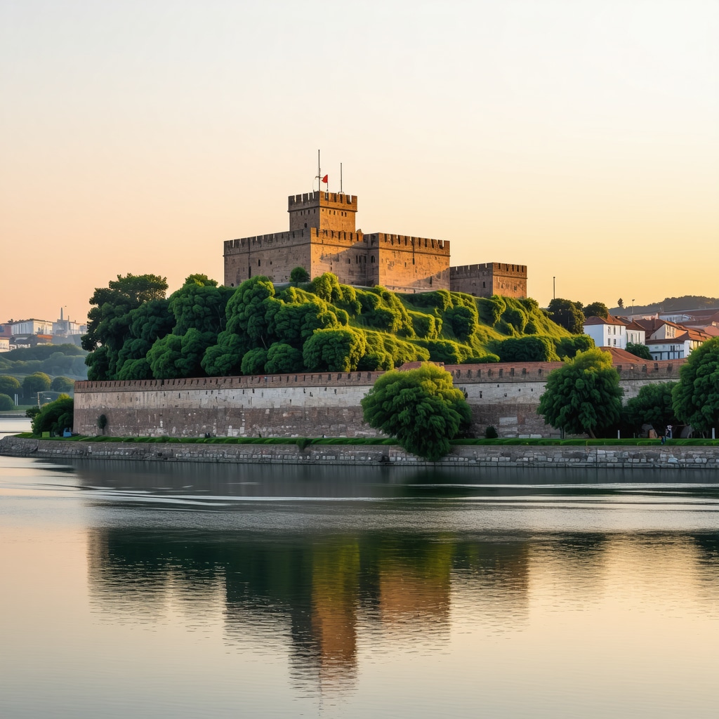 Sunset over Kalemegdan Fortress in Belgrad with Danube River and lush greenery.