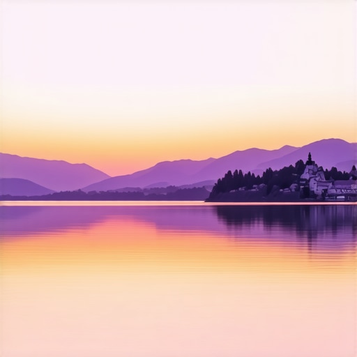 Gün batımında Lake Bled'in huzurlu ve renkli manzarası.