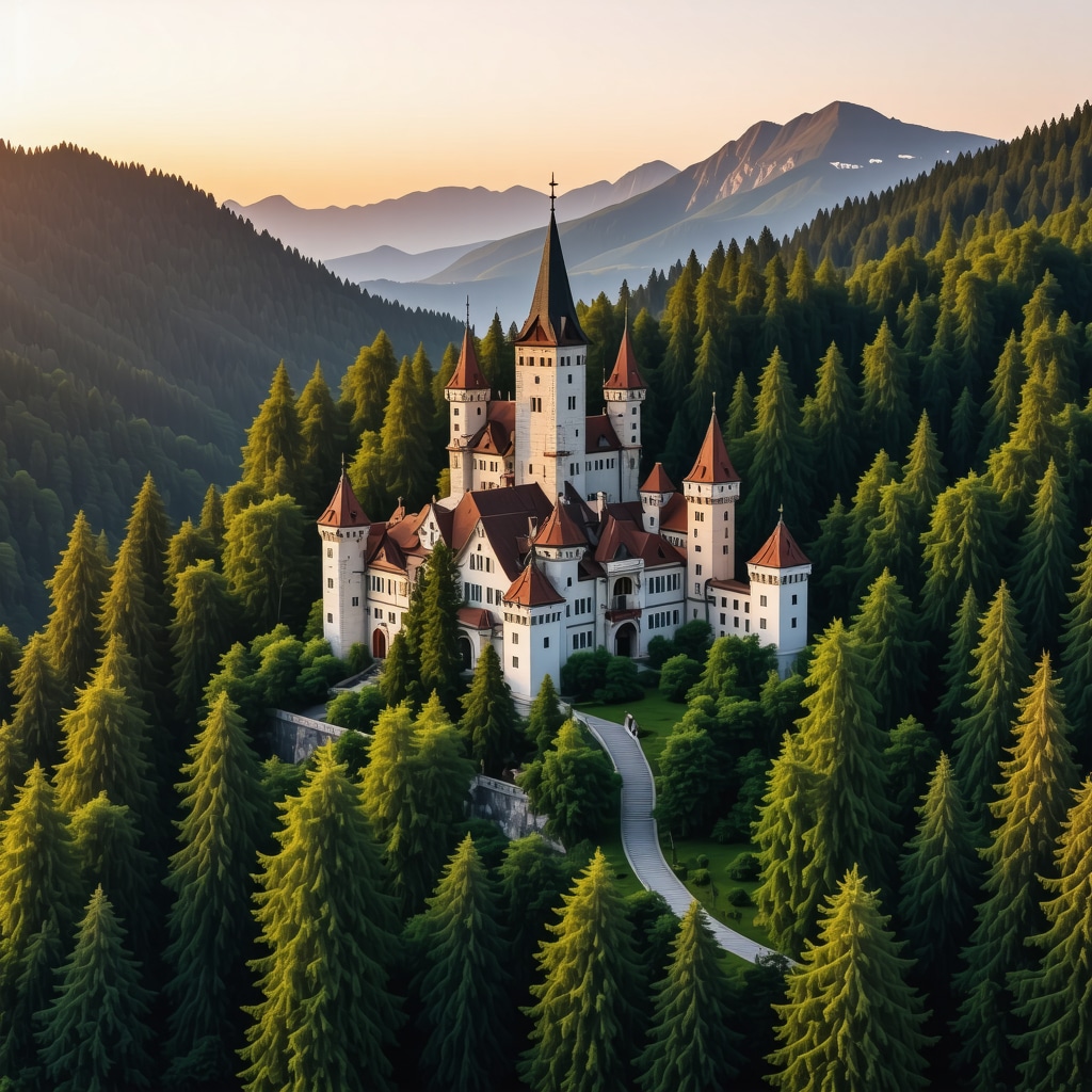 Aerial view of Peleş Castle with lush forests and mountains at sunrise