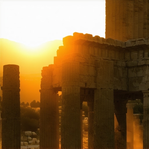 Sunset view of ancient Delphi ruins with colorful sky and mystical ambiance