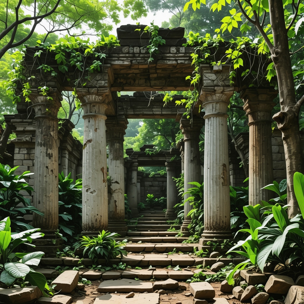 Serene landscape of ancient ruins in lush greenery, perfect for meditation and reflection