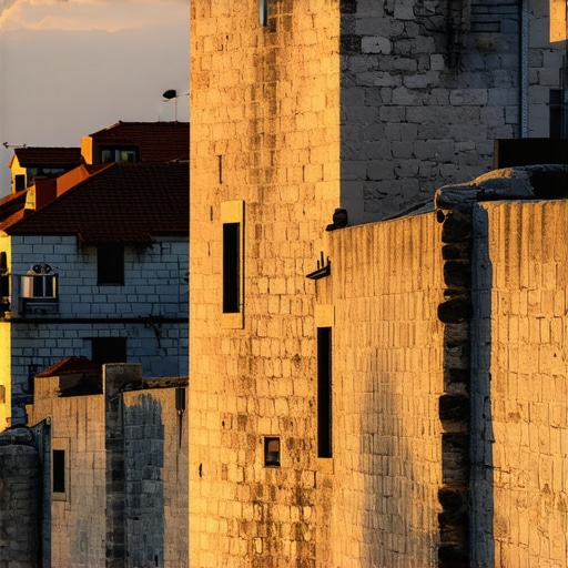 Scenic view of Dubrovnik's historic city walls during sunset, showcasing medieval architecture and ocean backdrop.