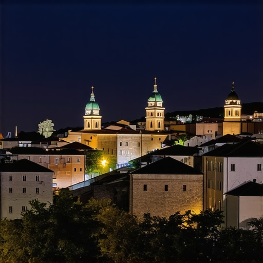 Gostivar şehir merkezinde gece ışıklandırılmış tarihi sokaklar ve eski taş binalar