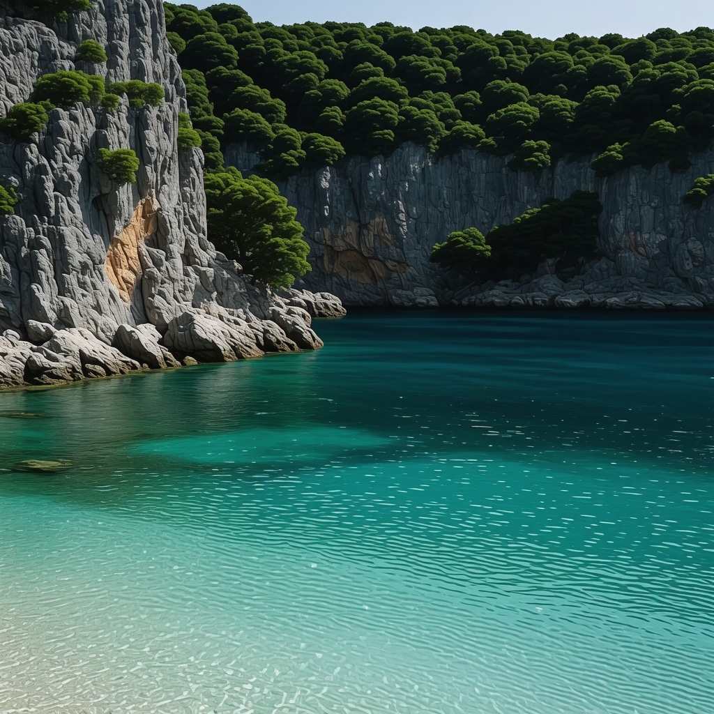 A tranquil cove with calm, clear water surrounded by lush greenery, ideal for relaxation and swimming