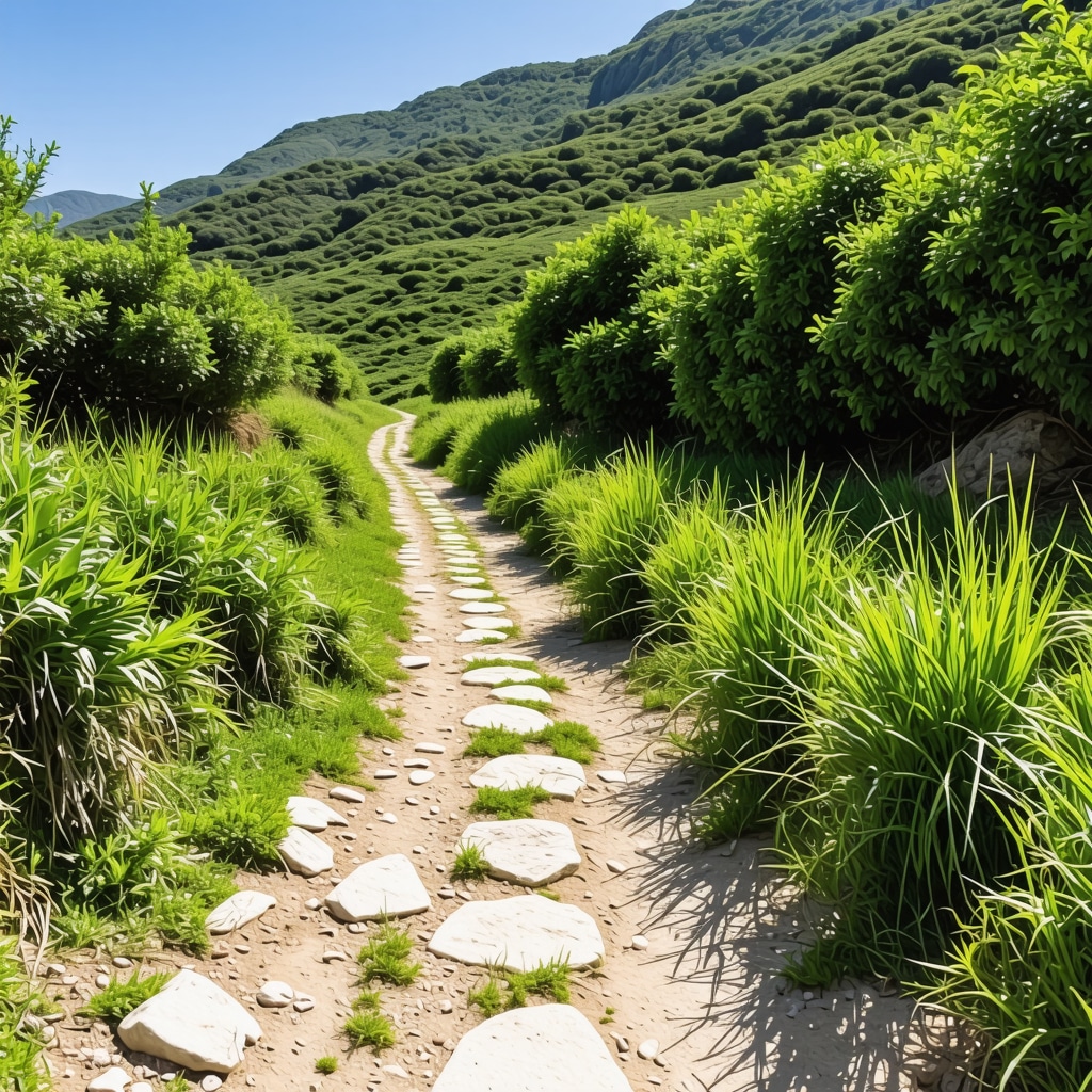 Mountain trail in Himara with lush greenery and panoramic view