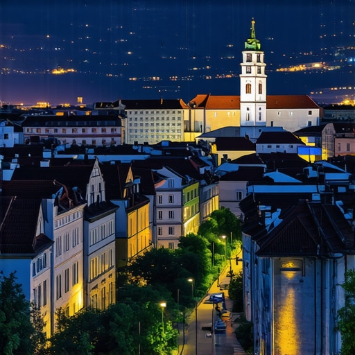 Night view of Krushevo with illuminated streets and historic buildings, showcasing a mystical atmosphere