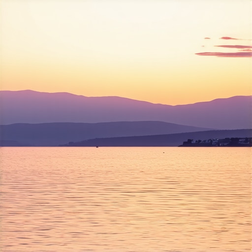 Scenic sunset over Lake Ohrid with mountain backdrop