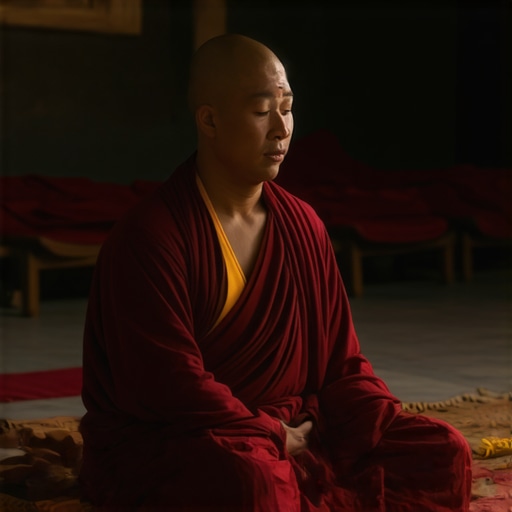 A monk meditating peacefully in the serene environment of Rila Monastery, capturing spiritual tranquility
