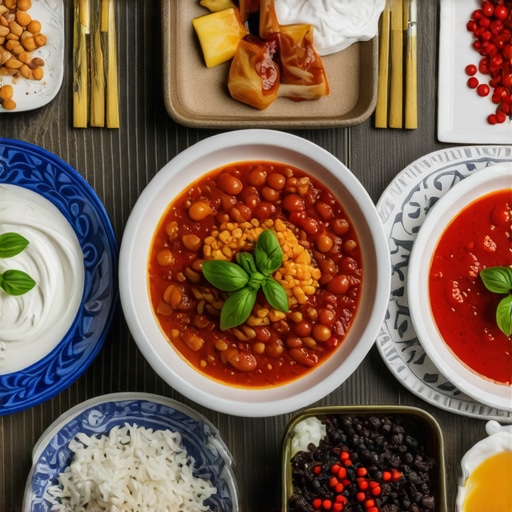 A vibrant display of traditional Balkan dishes with modern presentation in a cultural setting