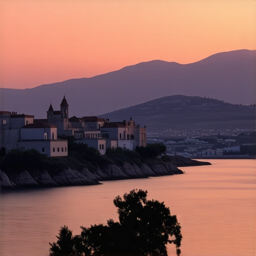 Sunset over Nafplio with historic buildings and coastline