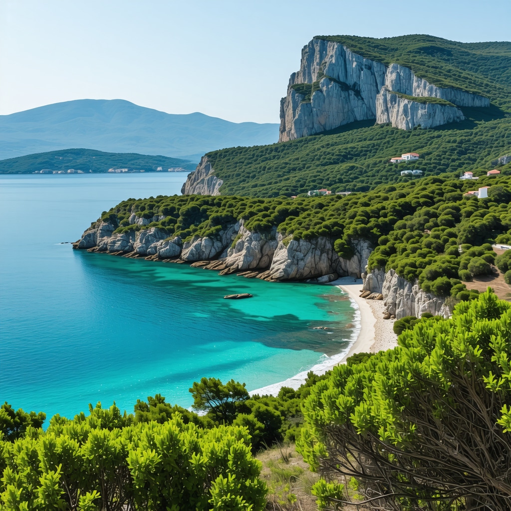 Scenic view of Petrovac coast with mountains and sea, vibrant and inviting