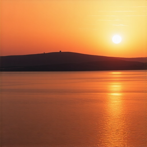 Panoramic sunset view over Santorini with colorful sky and calm sea