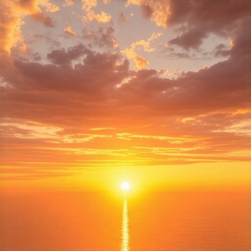 Sunset over the coast with vibrant colors and calm sea
