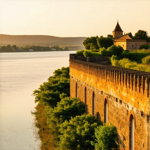 Sunset view of Smederevo fortress overlooking the Danube River, highlighting the blend of history and nature.