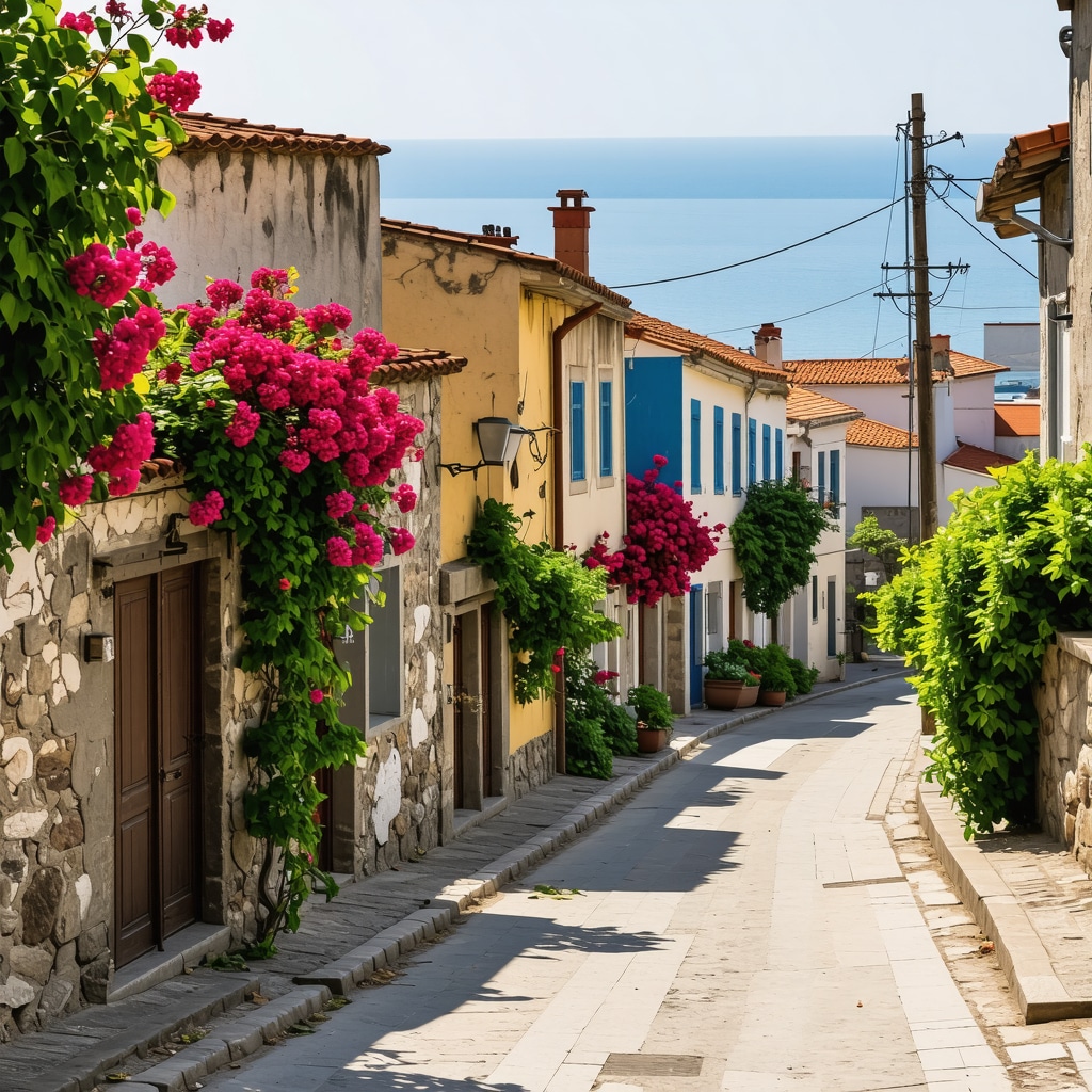 Colorful houses along the narrow streets of Sozopol with the sea in the background.