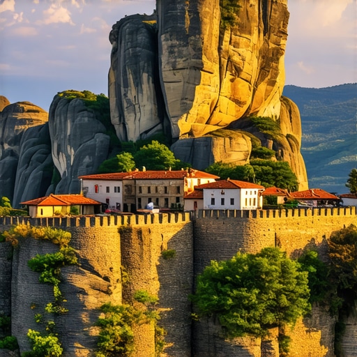 Beautiful sunrise illuminating Meteora's high cliffs and monasteries, creating a peaceful and spiritual mood