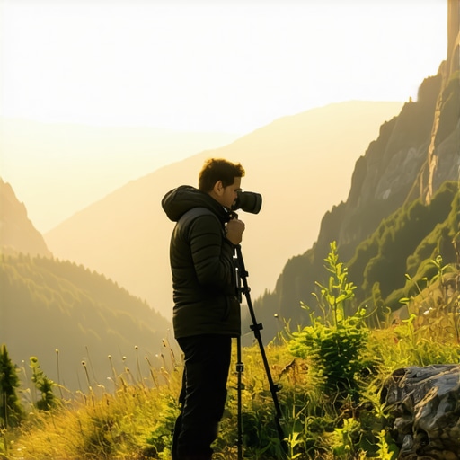 Professional photographer capturing sunrise landscape in Sinaia mountains