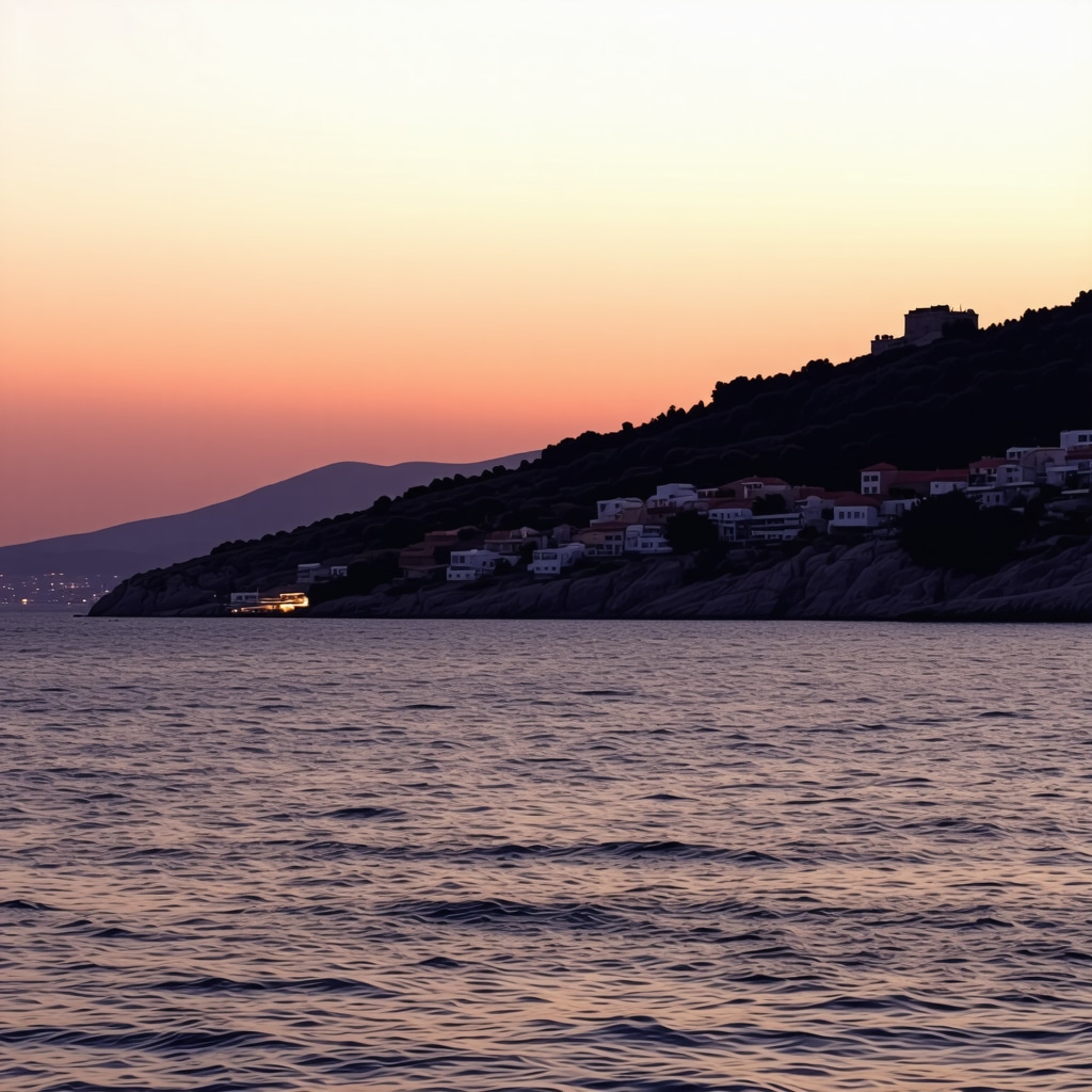 Scenic sunset view over Kavala's coastline with colorful sky