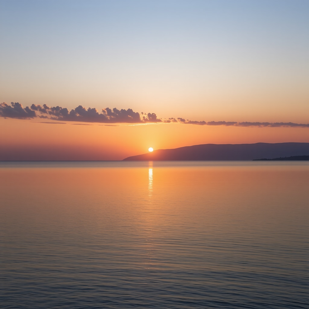 Vibrant sunset sky over Kavala with reflections on water.
