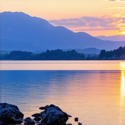 Beautiful sunset view over Lake Bled with mountains and calm waters