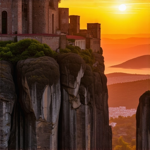 Beautiful sunset with cliffs and monasteries in Meteora, Greece