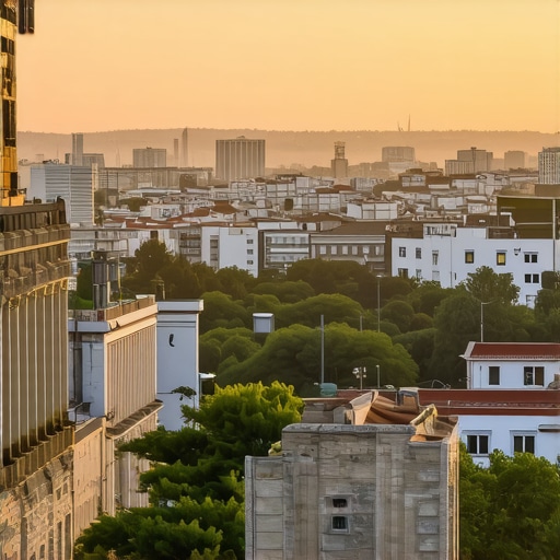 Panoramic view of Varna city combining ancient ruins and contemporary skyline at sunset