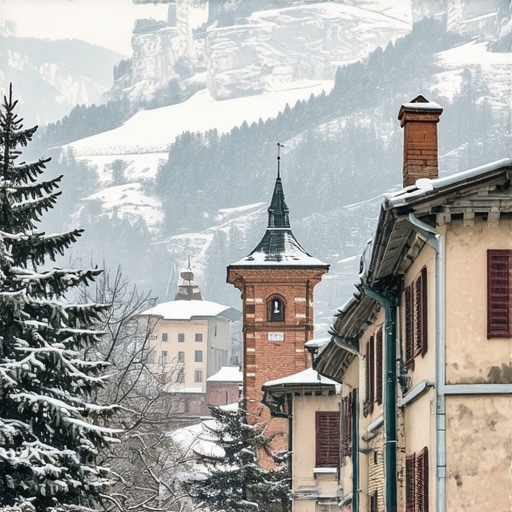 Snow-covered mountains and traditional houses in Veliko Tarnovo during winter.