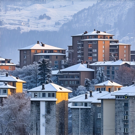 Snow-covered buildings and mountains in Veliko Tarnovo during winter.