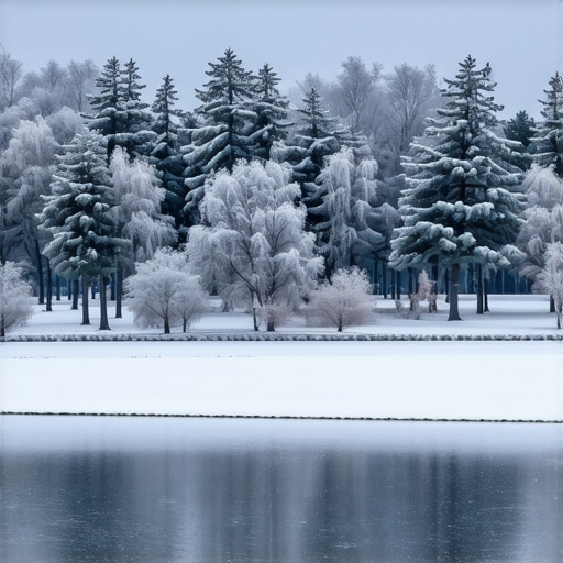 Snow-covered trees and lake in winter in Kırklareli.
