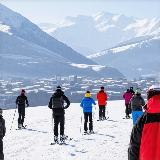 Snowy mountain landscape in Sarajevo with skiers enjoying winter sports