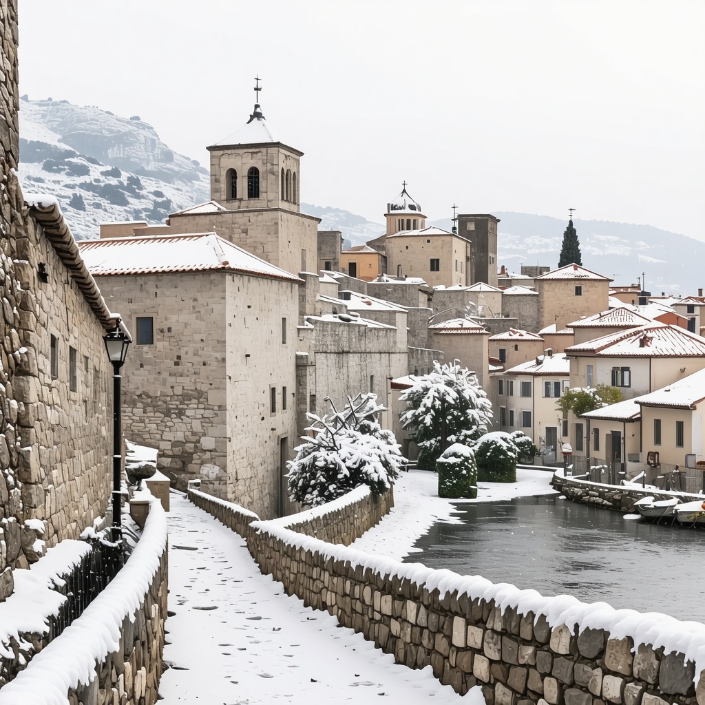 Snow-covered historic Dubrovnik streets and city walls in winter