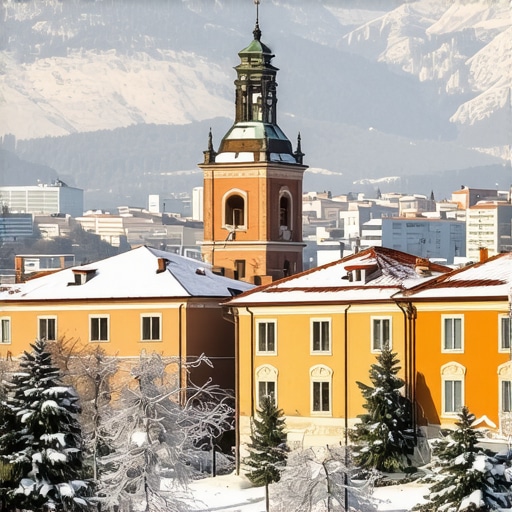 Snow-covered historic buildings in Sarajevo during winter