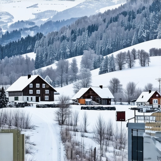 Snowy mountains and cozy houses in Tikveš during winter