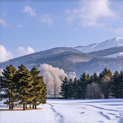 Snowy trees and mountains in Krushevo during winter