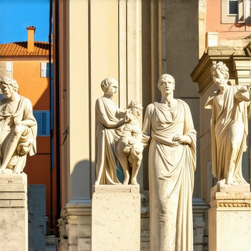 Historical ruins and mythological statues in Rovinj city