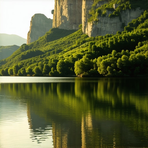 Serene Balkan mountain landscape with lush greenery and a calm lake at sunset