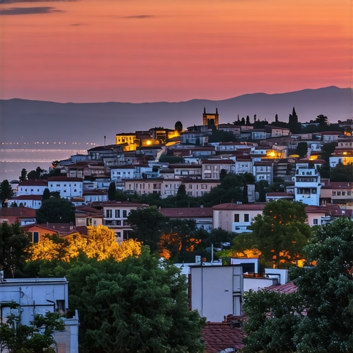 Sunset over Bursa's historic skyline with mountains in the background.