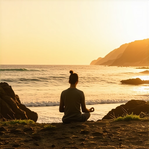 Meditating person on a peaceful beach at sunrise, symbolizing inner peace and connection with nature.