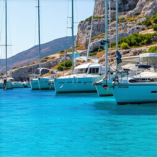 Yachts sailing along the Greek coastline with clear blue waters and sunny weather