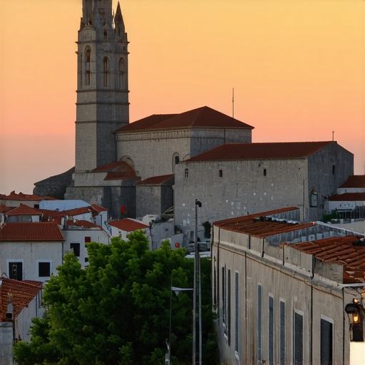 Sunset view of Šibenik's historic streets and St. James Cathedral with vibrant colors and ancient architecture.